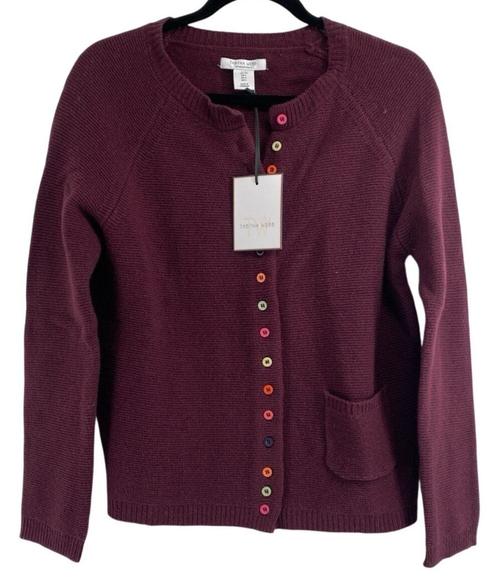 Tabitha Webb Lambswool Blend Cardigan Burgundy Multi Color Button Front L NEW